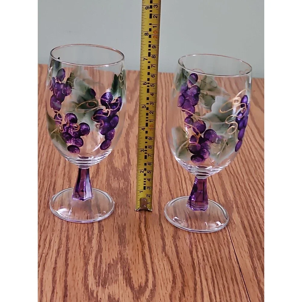 Set of 2 Hand Painted Grape Stemmed Wine Glasses, Clear Purple Glass Vines